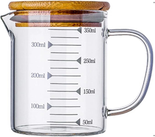 Graduated Beaker Mug with Handle and Durable Bamboo Lid Borosilicate Glass Multi-Function Food Grade Measuring Cup 350ML