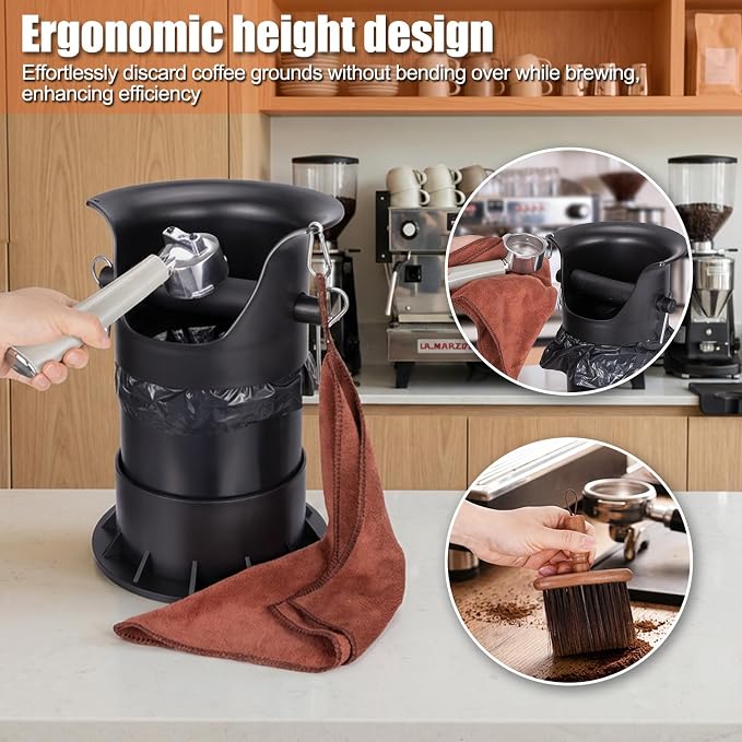 HOMEE 4L Espresso Coffee Knock Box with 25 Garbage Bags with Brush & Towel | Large Capacity and Detachable, Non-Slip Base, Easy to Clean, Barista Style Coffee Knock Box for Home and Commercial Use