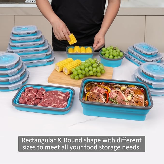 Collapsible Food Storage Containers with Lids 20 Pack(81oz/58oz Extra Large Included), 12 Rectangular+8 Round, Annaklin Silicone Collapsible Food Containers Sets Microwave Freezer Dishwasher Safe Blue