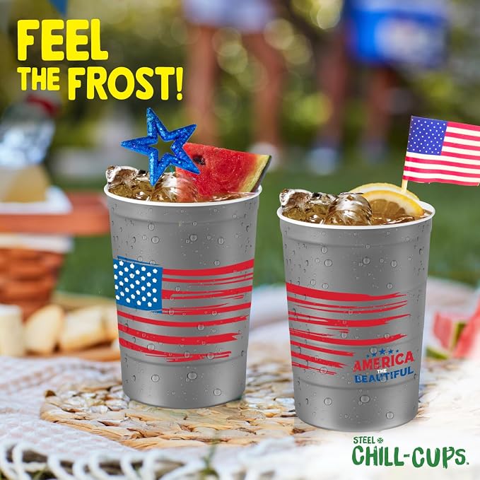 Steel Chill Cups 16 oz. Reusable Party Cups America the Beautiful, 12 Count | Made in USA from Steel these durable cups chill fast & keep your drink cold for longer, 100% recyclable for sustainablity
