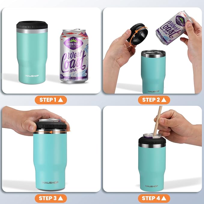HAUSHOF 4-in-1 Insulated Can Cooler Fits 12oz Cans & Beer Bottle, Lake Blue | Double-Wall Vacuum Insulated, 18/8 Stainless Steel, BPA-Free Lid, Slim Can Cooler for Camping, Beach & Picnic