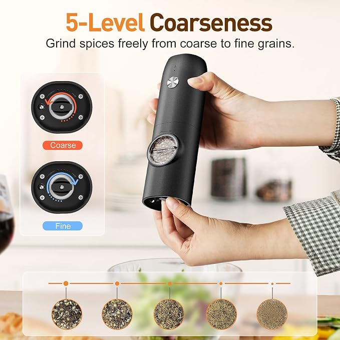 Electric Salt and Pepper Grinder Set, Rechargeable Automatic Salt and Pepper Shakers, Adjustable Coarseness Pepper Grinder with Led, Kitchen Appliances Gifts for Mom(Blackblack)