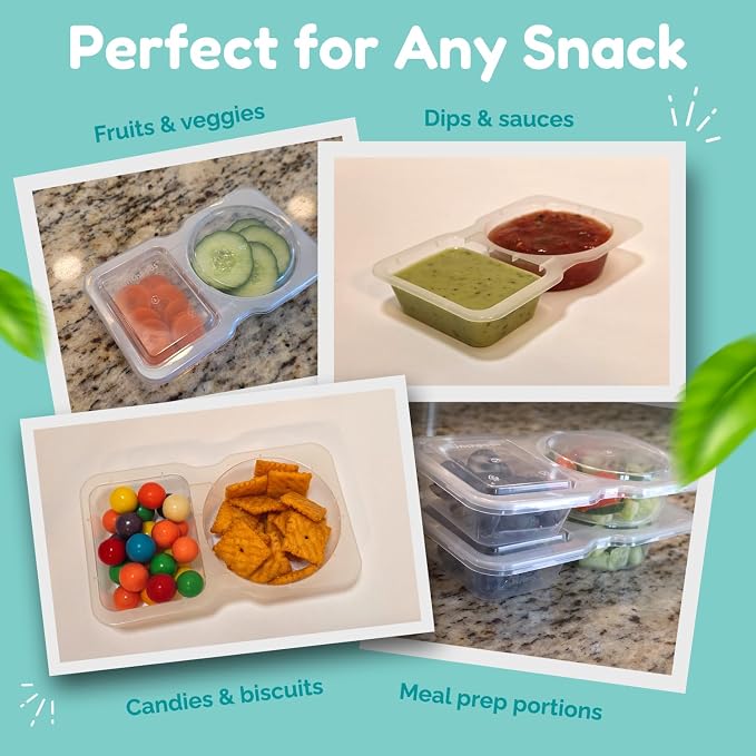 Reusable Snack Containers with Lids 20 Pack (40 Pieces) Portion control, Snack Pack Containers 2 Double Compartment Snack Containers for Kids On the Go Meals, Camping Snack Tray Prep