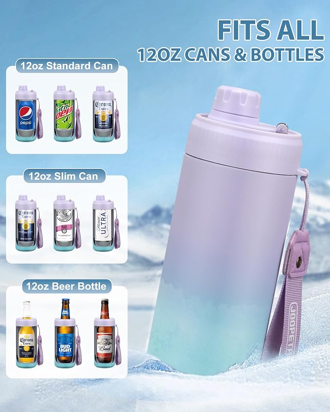 JOOPETALK Universal Can Cooler with Lid Fits All 12oz Cans& Bottles, 100% Leak-Proof Water Bottle, 4-in-1 Insulated Can Cooler for Beer, Soda & Energy Drinks, Dishwasher Safe