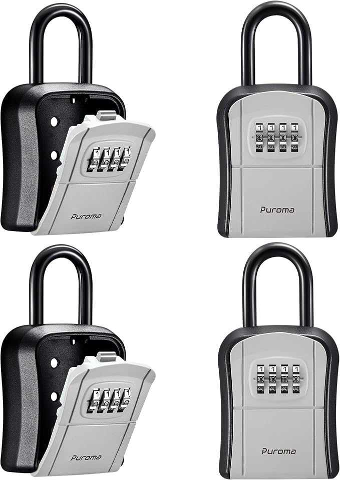 Puroma Key Lock Box Outdoor 4 Digit Code Combination Lockbox House, 4 Gray | For Contractors Guest Realtor Storage Keys, Portable, Home Wall Mount, Resettable, Combination, Weatherproof, High-capacity