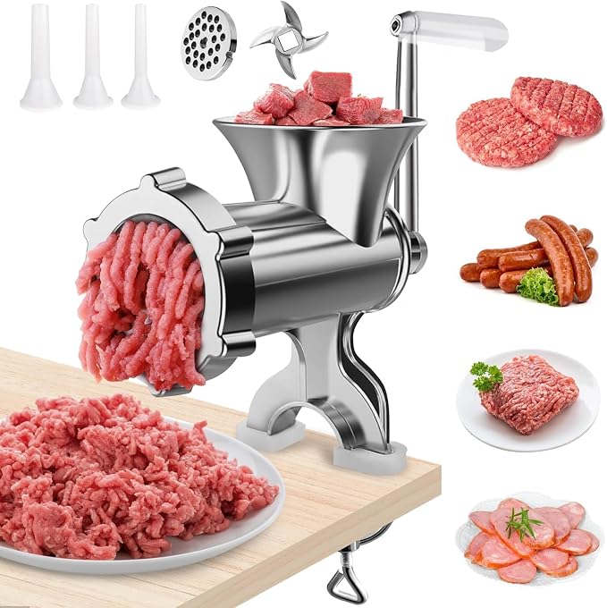 2-in-1 Manual Meat Grinder-Manual Meat Grinder with Sausage Stuffer-Suitable for Filling Meat Sausages and Grinding Foods-Suitable for Home Restaurants Meat Grinder-LZ1 (Silver)