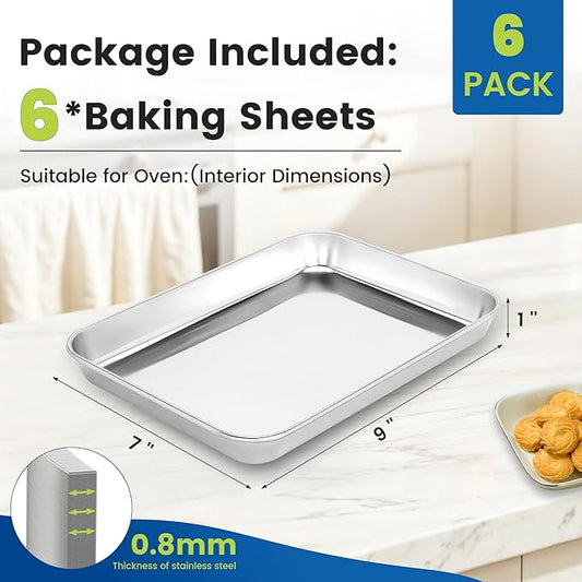 6 Pack Stainless Steel Baking Sheet Pans, 9" L × 7" W × 1" H Cookie Sheets for Toaster Oven, Rust-Resistant, Dishwasher Safe