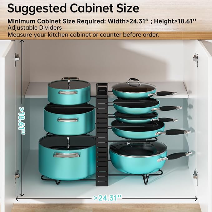 MUDEELA 8-Tier Lightweight pot and pan organizer for under cabinet, 16.6" H | 3 DIY Methods, Holds up to 12-inch cookware neatly, Adjustable Pot Pan Rack, Pot Lid holder for Kitchen, Easy Assembly