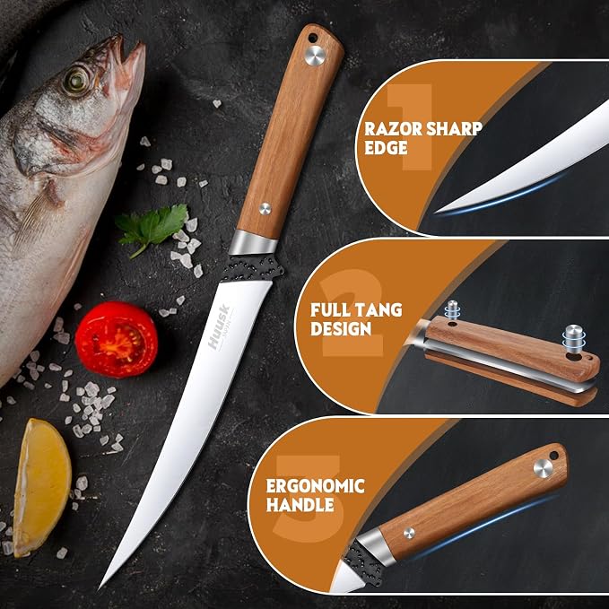 Huusk 7 inch Fillet Knife - Sharp Japanese Fillet Knife for Fish | Wooden Handle, Professional Flexible Boning Knives, Gift Box, for Meat Cutting and Trimming