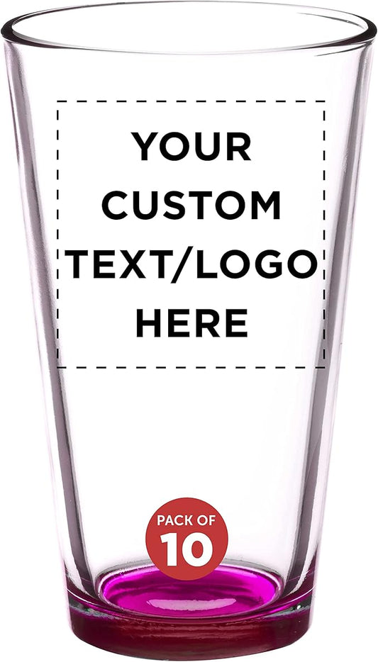 Custom Arc Pint Glass 16 oz. Set of 10, Personalized Bulk Pack - Beer Glasses, Heavy Duty Drinkware - Pink