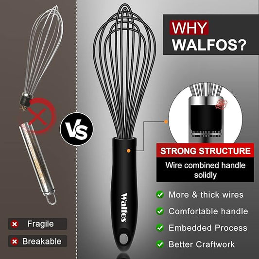 Walfos Silicone Whisk,Stainless Steel Wire Whisk Set of 3 -Heat Resistant 480°F Kitchen Whisks for Non-stick Cookware,Balloon Egg Beater Perfect for Blending,Whisking,Beating,Frothing & Stirring,Black