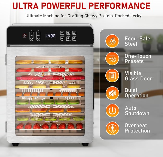 10-Tray Dehydrator, 9.1ft², 800W, 194°F & 24H Timer for Jerky, Fruit, Meat | Large Capacity Stainless Steel Commercial Food Dehydrator 24H Time Control