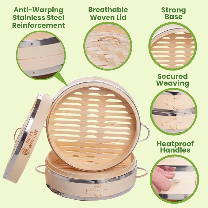 Bamboo Steamer 10 Inch - Dumpling Steamer Basket 2 Tier, Bamboo Steamers For Cooking Dumplings, Bao Bun, Dim Sum, Rice Potsticker & Veggie Food Steaming Basket with Steel Rims, Handles & Accessories