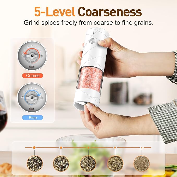 Rechargeable Electric Salt and Pepper Grinder Set, Automatic Salt and Pepper Shakers, Adjustable Coarseness Pepper Grinder with Led Kitchen and Home Appliances Gifts for Women(Whitewhite)