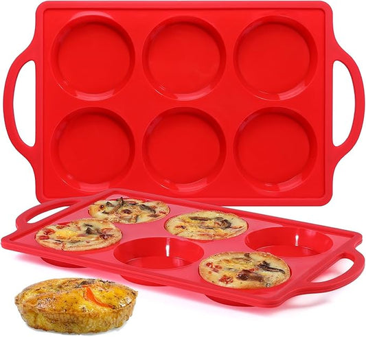 Silicone Egg Molds, 3 Inch Muffin Top Pans Non Stick with Metal Framed, Baking Pan for Breakfast Sandwiches, English Muffins, Whoopie Pies, Corn Bread, Egg Bites, Hamburger Bun, Tarts 2 Pack Red