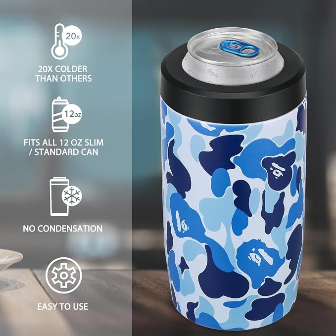 4-in-1 Slim Can Cooler Easy to Hold Insulated Beer Can Holder Double-walled Stainless Steel for All 12 Oz Cans (Camouflage Blue)