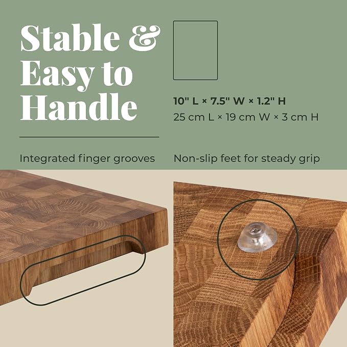 End Grain 10"x7.5" European Oak Wood Cutting Board with Non-Slip Feet & Handles, Charcuterie Board, Knife-Friendly, Serving Chopping Board for Kitchen