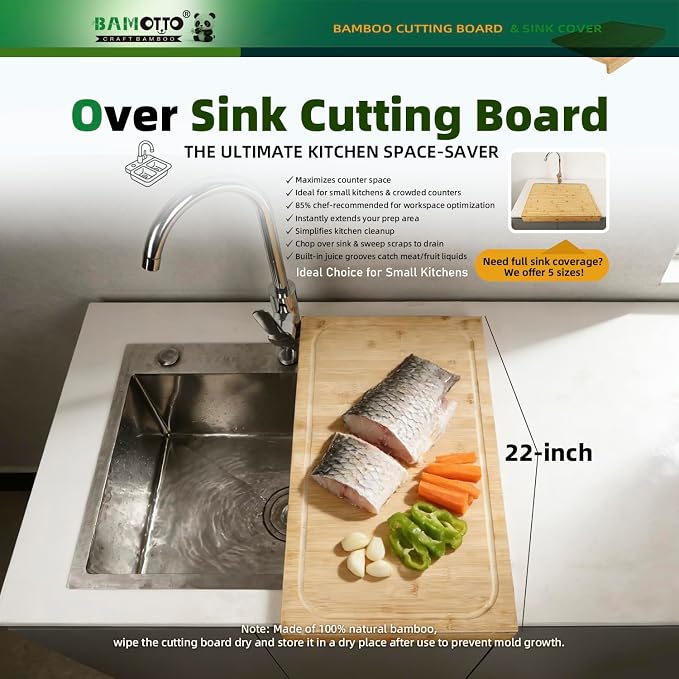BAMOTTO CRAFTBAMBOO 12.6x22 Inch Bamboo Cutting Board, Over Sink | Detachable Non-Slip Front Lip | Reversible Dual Juice Grooves | Countertop Extension for Small Kitchen RV Camper Stove Cover