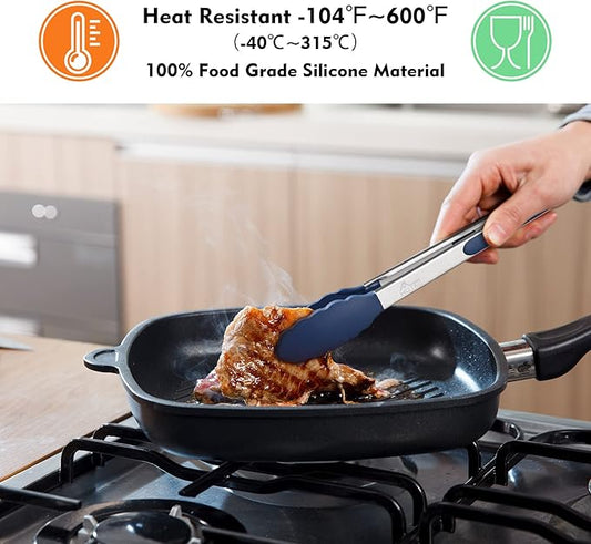 HOTEC Premium Stainless Steel Locking Kitchen Tongs with Silicon Tips, Set of 2-9" and 12", Classic Blue