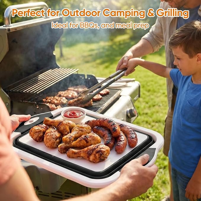 Collapsible BBQ Prep Tub with Lid, Foldable Camping Sink with Colander, Cutting Board, Dish Basin for Kitchen, Bowl, Vegetable and Fruit, Storage Basket for Picnic-Black