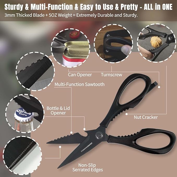 Kitchen Scissors All Purpose, Extra Sharp Kitchen Shears with Knife Sharpener & Sheath, Solid & Durable Stainless Steel Scissors with ANTI-RUST Black Titanium Plated, Dishwasher Safe – Black