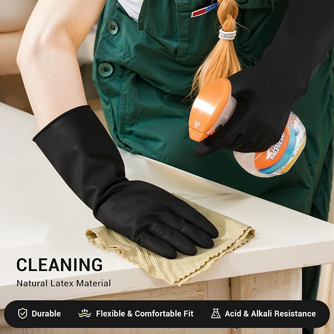 ThxToms 3 Pairs Dishwashing Gloves, Reusable Latex Cleaning Gloves for Housework Kitchen Bathroom, Durable Flexible & Anti-slip, Smooth Lining, Easy On & Off, Small, Black