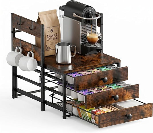 K Cup Holder Organizer for Countertop, 3-Drawer Coffee Pod Holder with 8 Removable Mug Hooks, Holds Up to 80 Pods, Coffee Station Organizer for Kitchen, Coffee Bar, Office