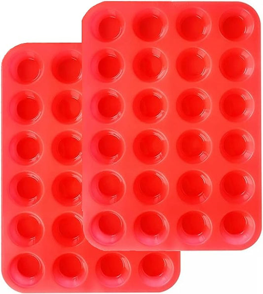 Mini Muffin &Cupcake Set, 24 Cups 2-Pieces, Nonstick Silicone Baking Pan, BPA Free and Dishwasher Safe, Great for Making Muffin Cakes, Tart, Bread (24 Cups Red,2 PCS)