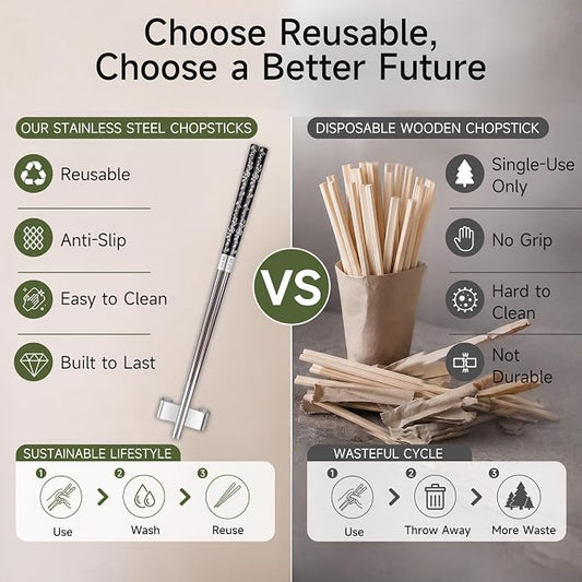 JEETEE Metal Chopsticks, 2 Pairs Stainless Steel with Holder | Titanium Coated, Anti-Slip Design, Reusable,Dishwasher Safe, for Sushi, for Ramen, for Camping, for Party