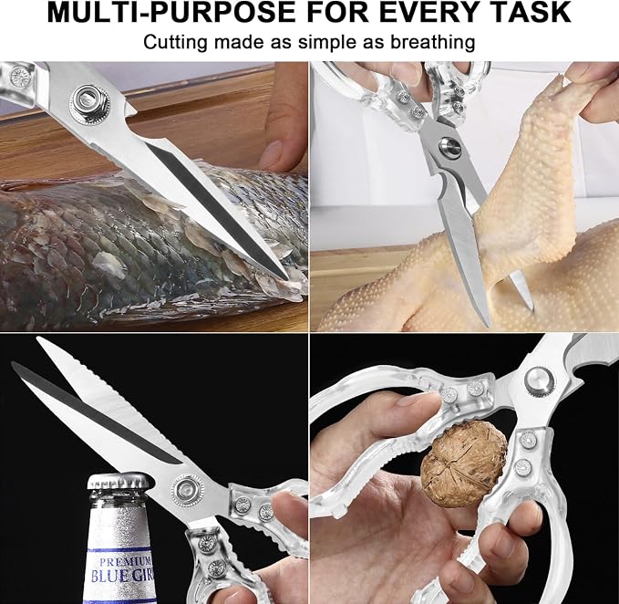 CGBE Kitchen Scissors, Multi-Purpose Kitchen Shears, Heavy Duty Food Scissors for Chicken, Poultry, Fish, Meat & Herbs with Non-Slip Grips (Transparent)