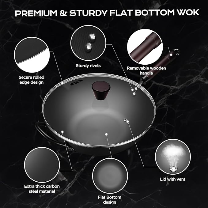 FGJ Wok, 13 Inch Carbon Steel Woks & Stir-fry Pans Nonstick Roasting Pan | Pre-Seasoned 5.8QT Flat Bottom Chinese Wok Roasting Pan with lid,PFOA/PTFE free Cookware Compatible with All Cooktops