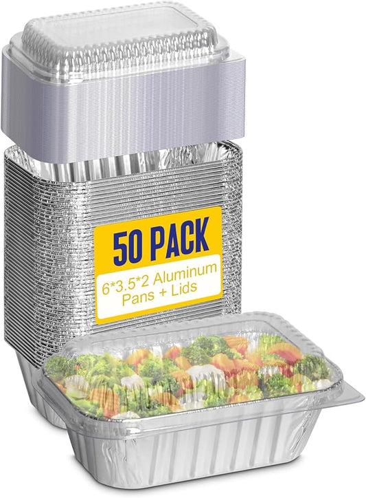 Small Aluminum Pans with Lids, 50 Pack Disposable Aluminum Loaf Pans 6x3.5x2 Inch, Thick Foil Pans Cookware for Baking Cakes, Bread, Meatloaf, Mini
