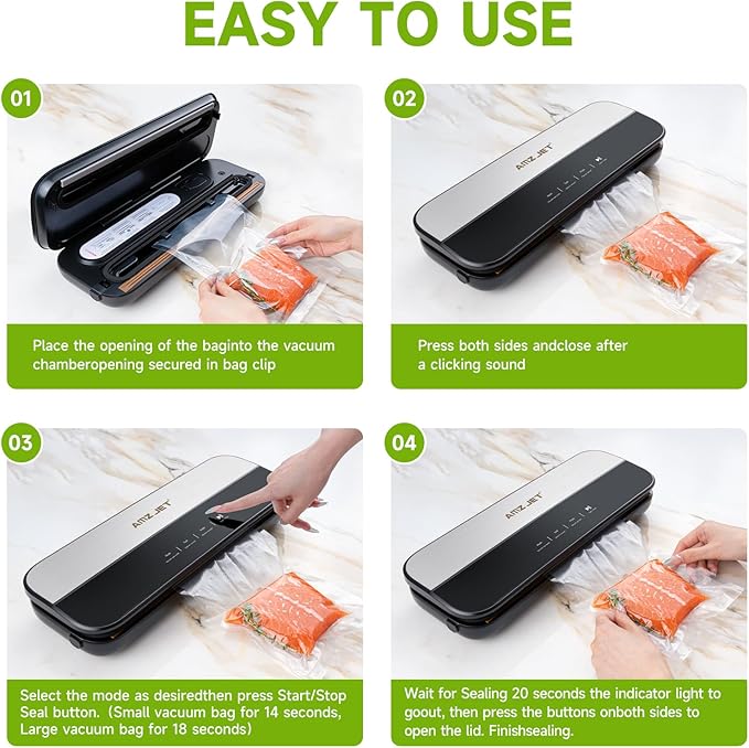 Food Sealer Vacuum Sealer-Tempered Glass Stainless Steel panel, LED Touch Control, Digital Display, Pulse/Moist/Dry/Seal/External Suction Modes, Includes 30 Vacuum Bags & Built-in Cutter (Black Gray)