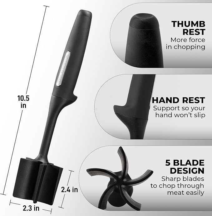 Zulay Kitchen Ground Meat Chopper Tool – 5-Blade Nylon Meat Chopper for Ground Beef, Non-Toxic Food Safe Meat Masher & Breaker, Heat Resistant to 180°C, Dishwasher Safe – Black