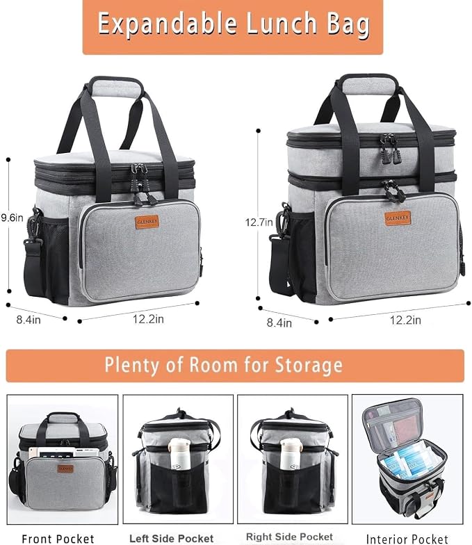 Expandable Lunch Box Cooler Bag - Insulated Soft Lunch Bag for Men Women - Large Lunchbox for Adults Work Camping Outdoor Travel Grey 22L