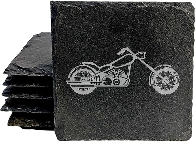 Gear Up Your Decor: Unique Motorcycle Coasters in Natural Slate - Square Slate - Set of 5