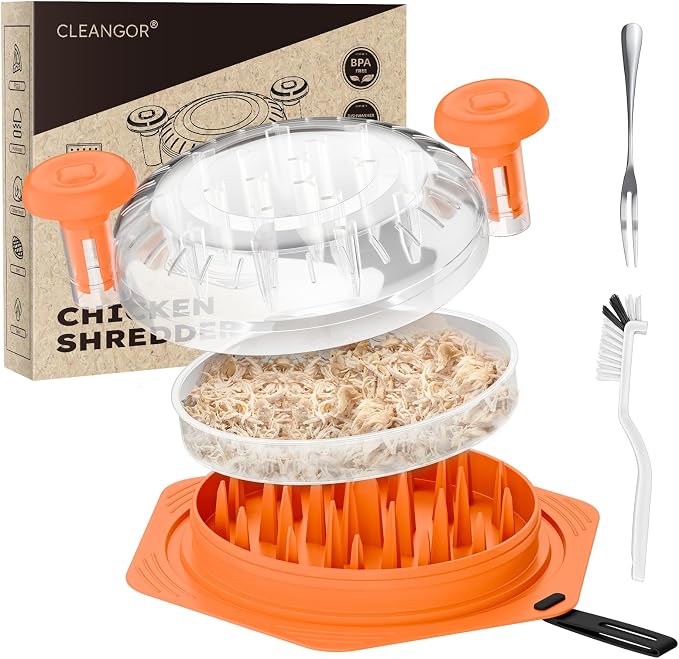 CLEANGOR Chicken Shredder Tool Twist Large, BPA Free Meat Shredder | with Ergonomic Handle, Non-Slip Food Shredder Tool for Pork, Beef, Set of Chicken Breast Shredder with Brush & Fork