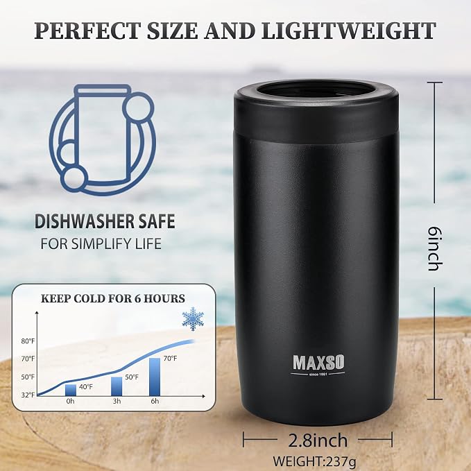 Maxso Slim Can Cooler, 4-in-1 Double Walled Stainless Steel Insulated Beer Can Holder, Works With All 12 Oz Cans,Bottles & As A Pint Cups - Matte Black