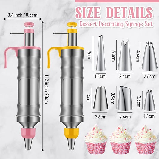 Uiifan 2 Sets Icing Decoration Gun Set Dessert Decorating Decorator Syringe Cake Decorating Tool and 12 Pcs Russian Piping Icing Nozzles Cupcake Filling Injector Cake Tool for Baking(Pink, Yellow)