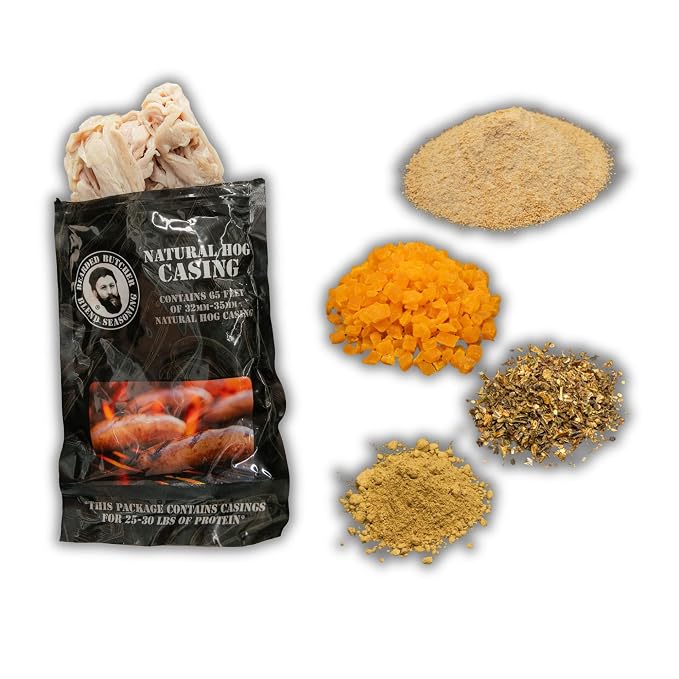 Bearded Butchers Mango Tango Bratwurst DIY Kit – Sweet & Spicy Brats – Includes Maple Sugar Seasoning, Jalapeño, Dried Mango & 32mm-35mm Natural Hog Casings – Makes Up to 25 lbs Meat