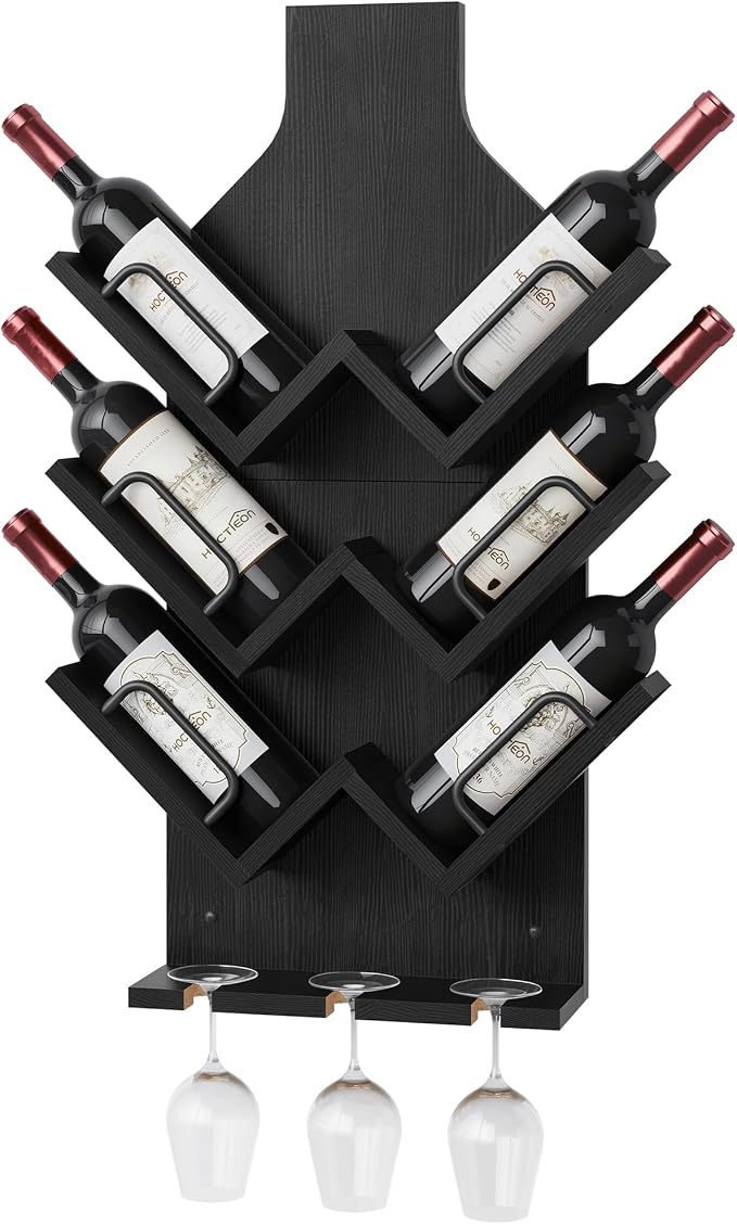 Hoctieon Wine Rack Wall Mounted, 6 Bottles Wood Wine Rack for Display and Storage, Hanging Bottle Holder Bar Shelves for Living Room, Kitchen, Dining Room, Wine Cellar, Black
