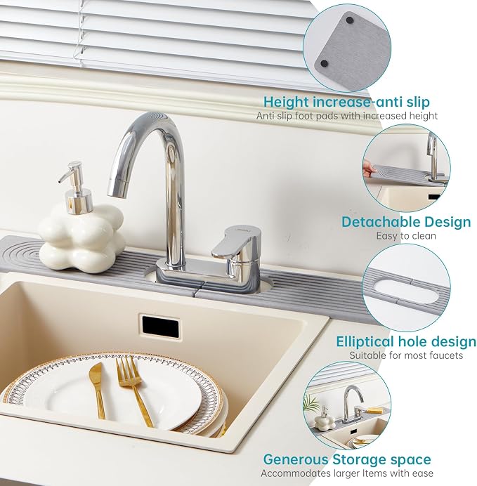 Stone Faucet Mat for Kitchen Sink with Oval Hole – 23.6" × 3.9" Diatomite Drying Stone Mat & Sink Protector, Quick-Dry Splash Guard Water-Absorbing Tray for Bathroom Counter（Gray.23.6" x 3.9"