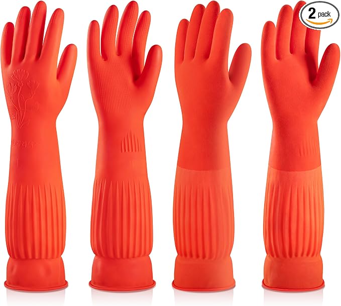 ThxToms Dishwashing Gloves, 2 Pairs Fleece Lined Rubber Dish Gloves for Washing Dishes, Waterproof Reusable Kitchen Cleaning, Long Cuff Anti Slip,Large