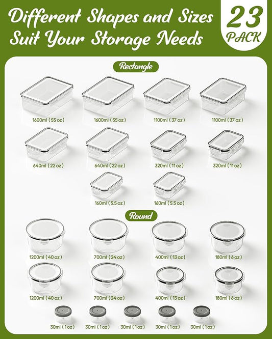 46 Piece Food Storage Containers with Lids(23 Containers & 23 Lids), BPA-Free Plastic Food Containers for Kitchen Storage and Organization, Leak Proof Meal Prep Container, Includes Labels & Pen