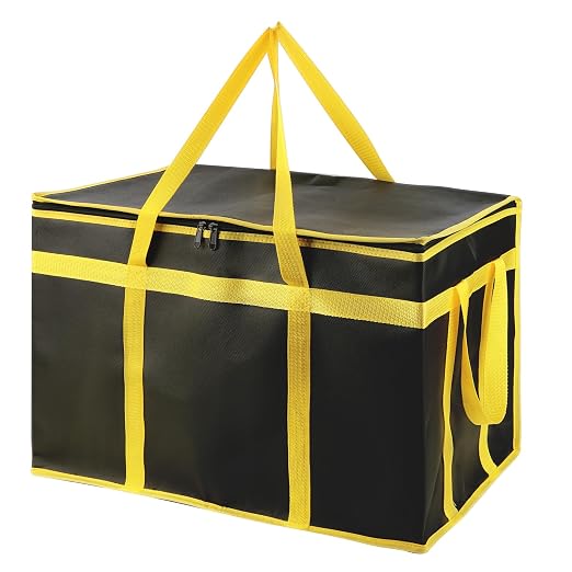 Bodaon Insulated Food Delivery Bag, XXXL Grocery Bags, Black-Yellow, 1Pk | Pizza Delivery Bags for Hot and Cold Food, Commercial, Large Capacity Reusable Warming Bag, Catering Cooler Bag for Rideshare