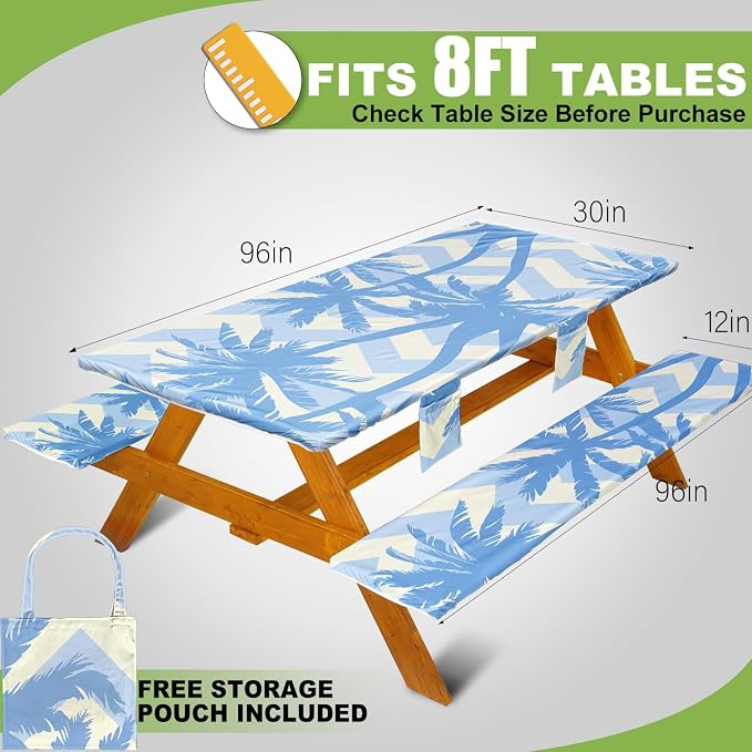 Fitted Picnic Table Cover with Bench Covers, Windproof Vinyl Table Cloths Outside Camping Cooking Backyard Furniture Seat Cushion Tablecloth Activities Party Decor Decorations Para Acampar Equipment