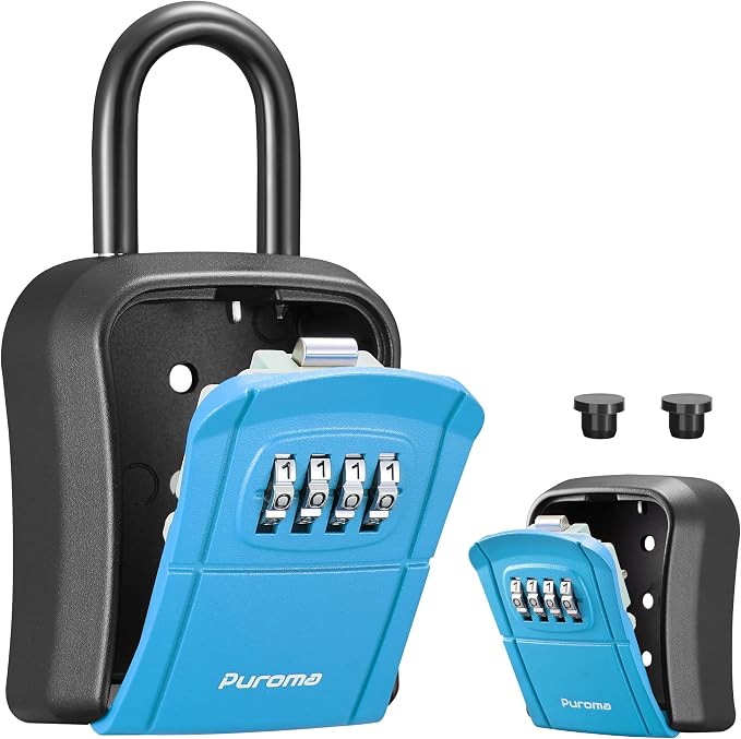 Puroma Key Lock Box Outdoor 4 Digit Code Combination Lockbox House, 1 Blue | For Contractors Guest Realtor Storage Keys, Portable, Home Wall Mount, Resettable, Combination, Weatherproof, High-capacity