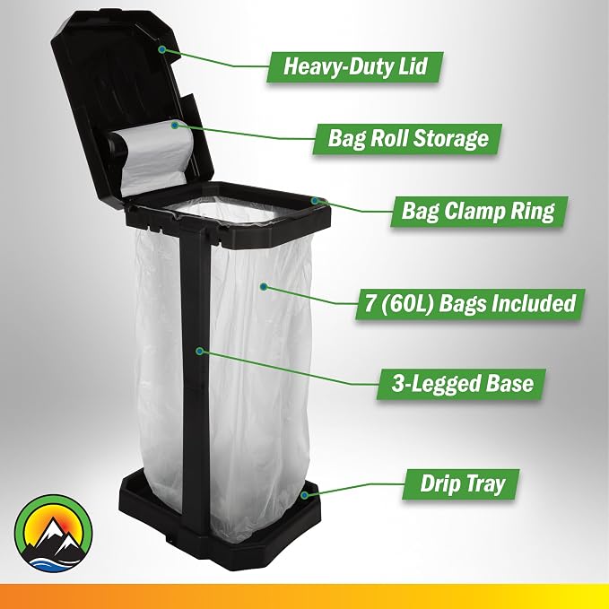 Wakeman Heavy Duty Black Trash Bag Portable Trash Bag Holder Stand with 7 Bags - Collapsible Trash Can Camping, RV, Kitchen, or Tailgate Party Garbage Bag Holder