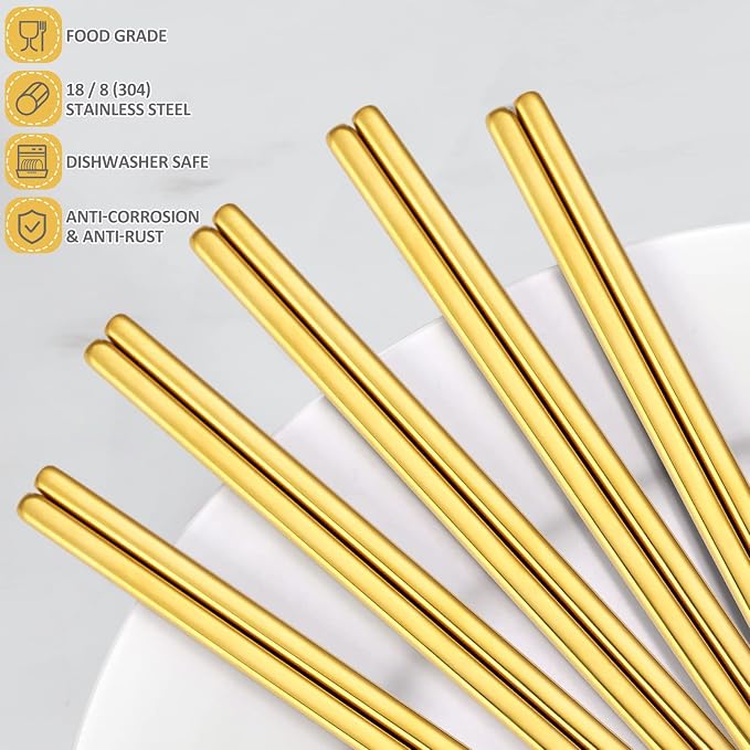 Gold Stainless Steel Chopsticks - Reusable Chopsticks - 5 Pairs Dishwasher Safe Metal Chopsticks - Easy to Use - Pressure Line Lightweight Chop Sticks- Gift Set（9 Inch ）