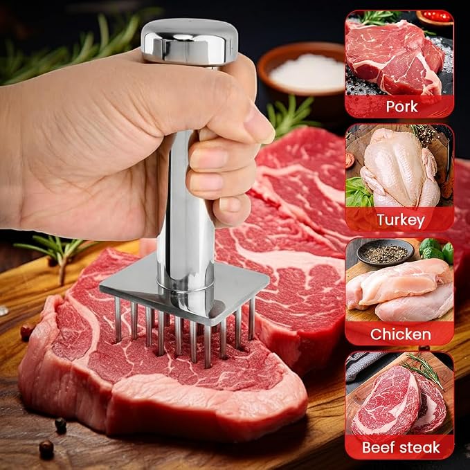Meat Tenderizer Tool with 18 Sharp Needles, Stainless Steel Meat Tenderizer Mallet One-Piece Design, Easy Grip Meats Mallet Hammer for Tenderizing Chicken Beef Pork